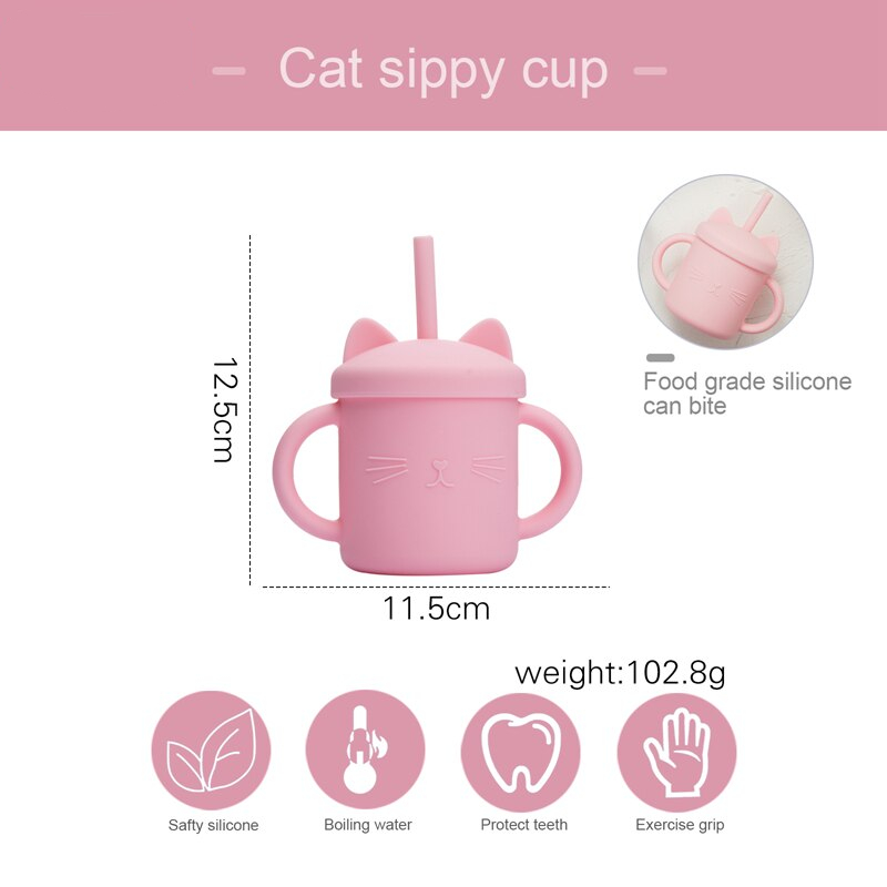 Baby Feeding Straw Cup Baby Cartoon Cat Learning Feeding Cup Food Grade Silicone Toddler Water Bottle Tableware BPA Free