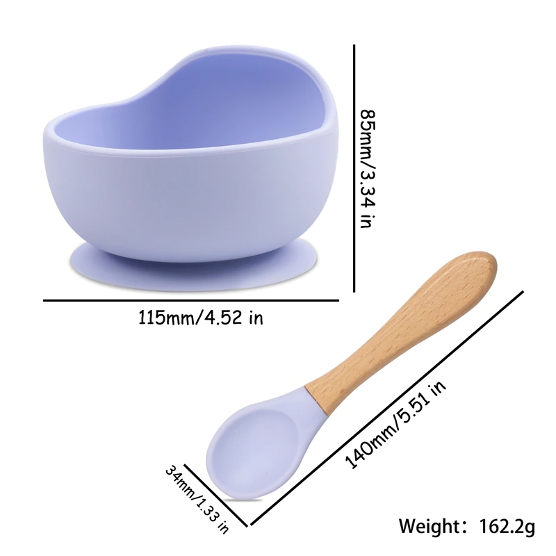 5Pcs/1Set Silicone Baby Feeding Bowl Tableware Waterproof Baby Learning Suction Bowl Set Wood Fork Spoon Non-Slip for Babies Bib